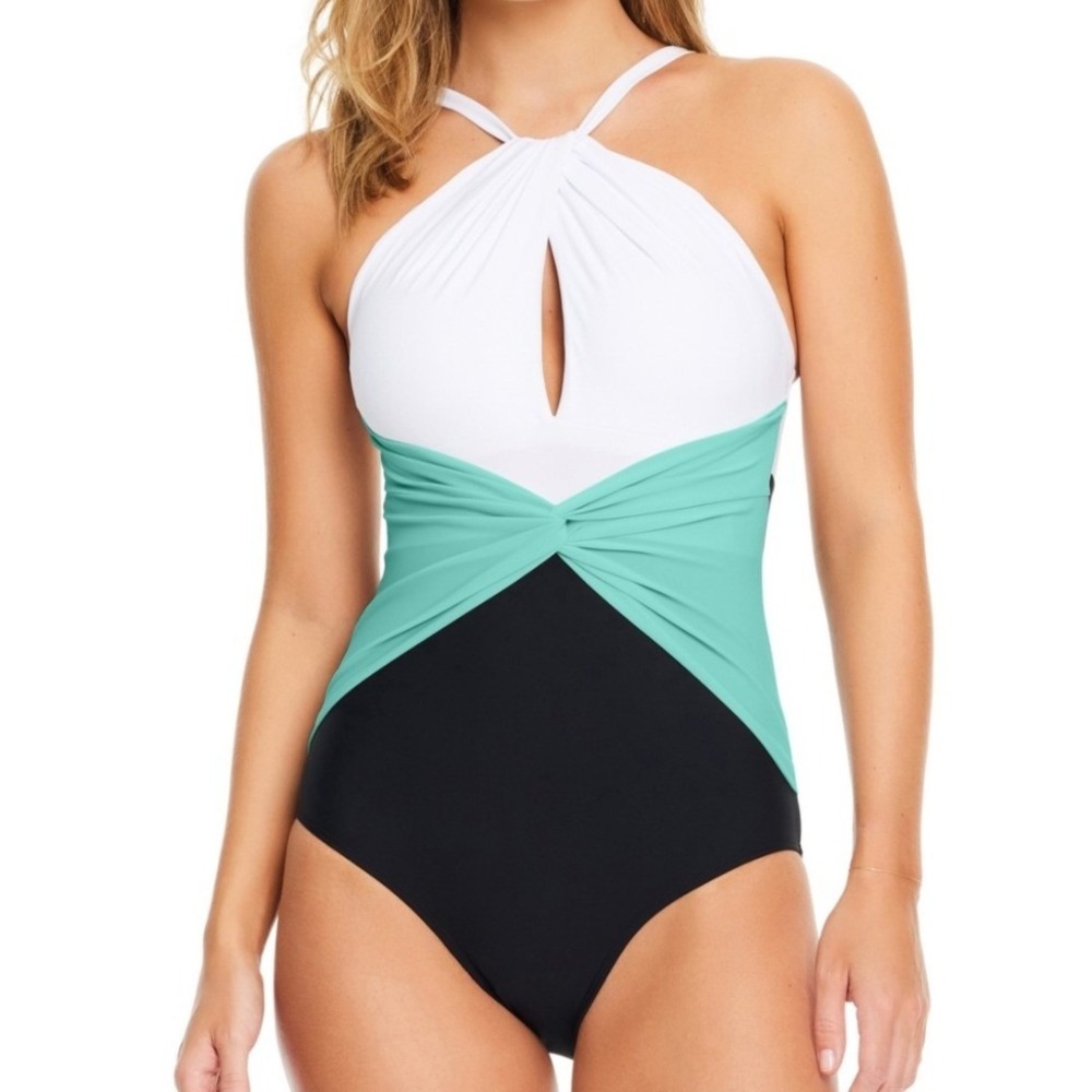 Beyond Control One Piece Swimsuit Womens 14 Black White Green Halter NWT $139